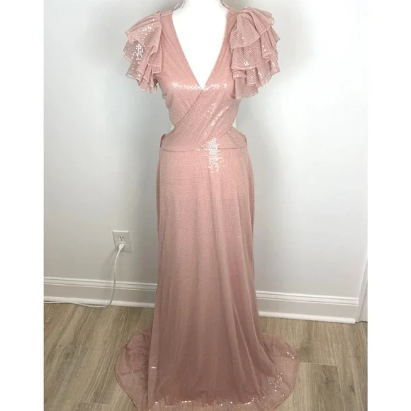 Mac Duggal Sequined Ruffled Cut Out Lace Up Gown In Rose Pink 10829 Size 8 New - Picture 2 of 16